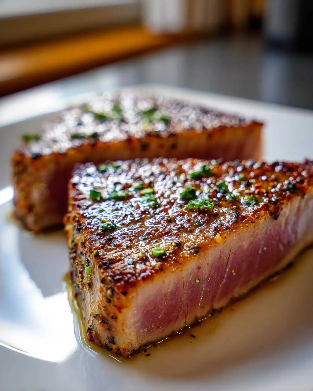 Two perfectly seared tuna steaks cast iron skillet, garnished with herbs, on a white plate.