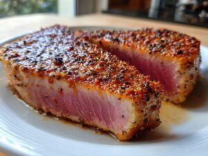 Perfectly seared tuna steaks cast iron skillet, sliced to show the pink center and seasoned crust.