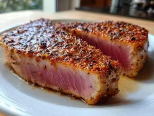 Perfectly seared tuna steaks cast iron skillet, sliced to show the pink center and seasoned crust.