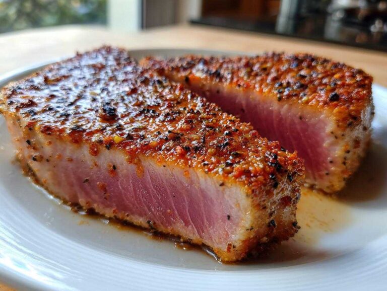 Perfectly seared tuna steaks cast iron skillet, sliced to show the pink center and seasoned crust.