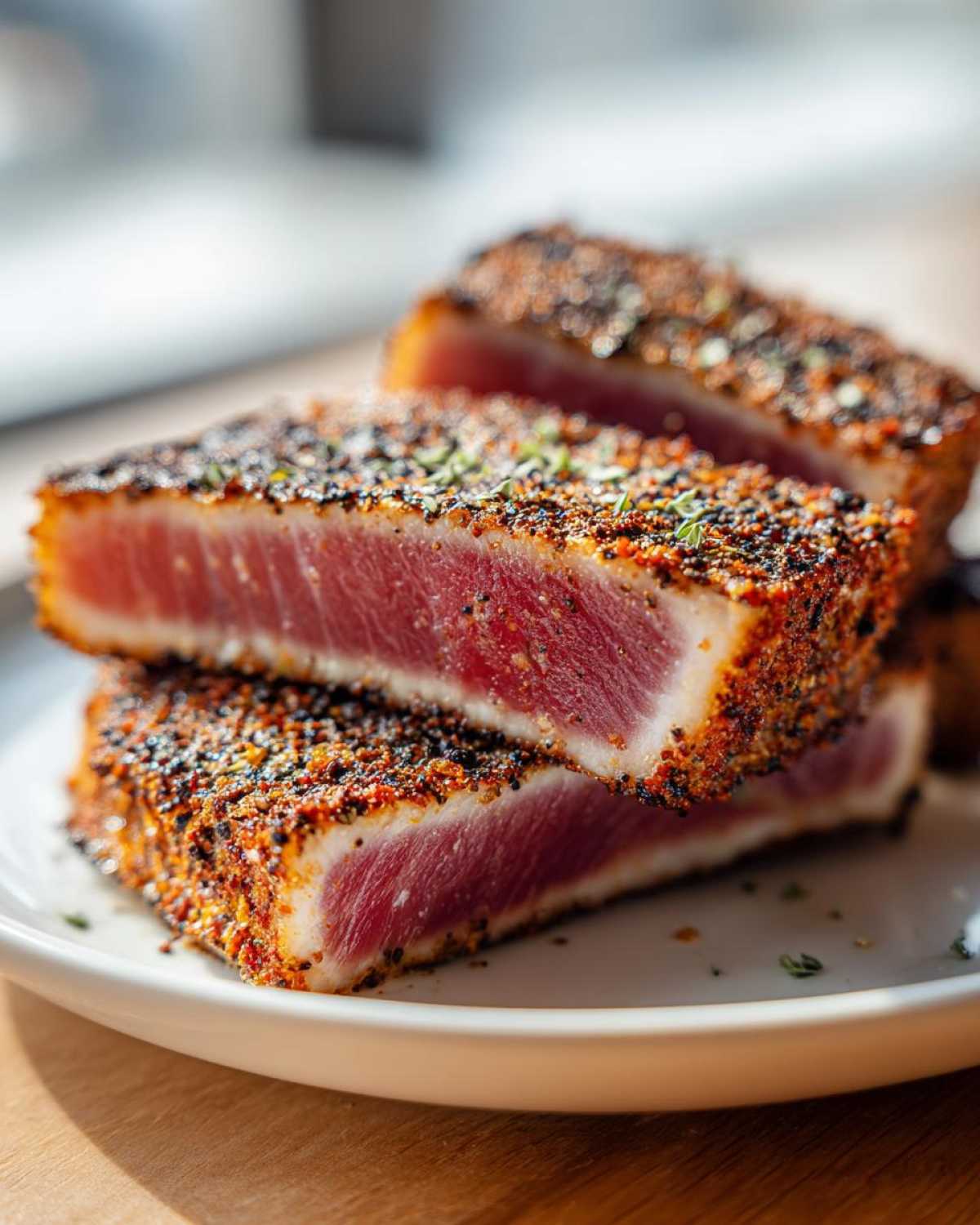 Perfectly seared tuna steaks cast iron skillet style, sliced and stacked on a white plate, showing a rare center.