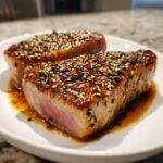 Two juicy tuna steaks in air fryer, topped with sesame seeds and a savory sauce, served on a white plate.