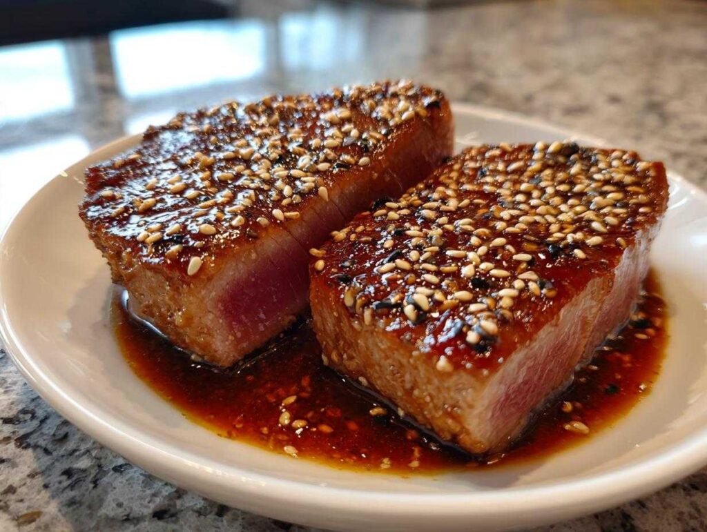 Two juicy tuna steaks in air fryer, glazed and topped with sesame seeds, served on a white plate.