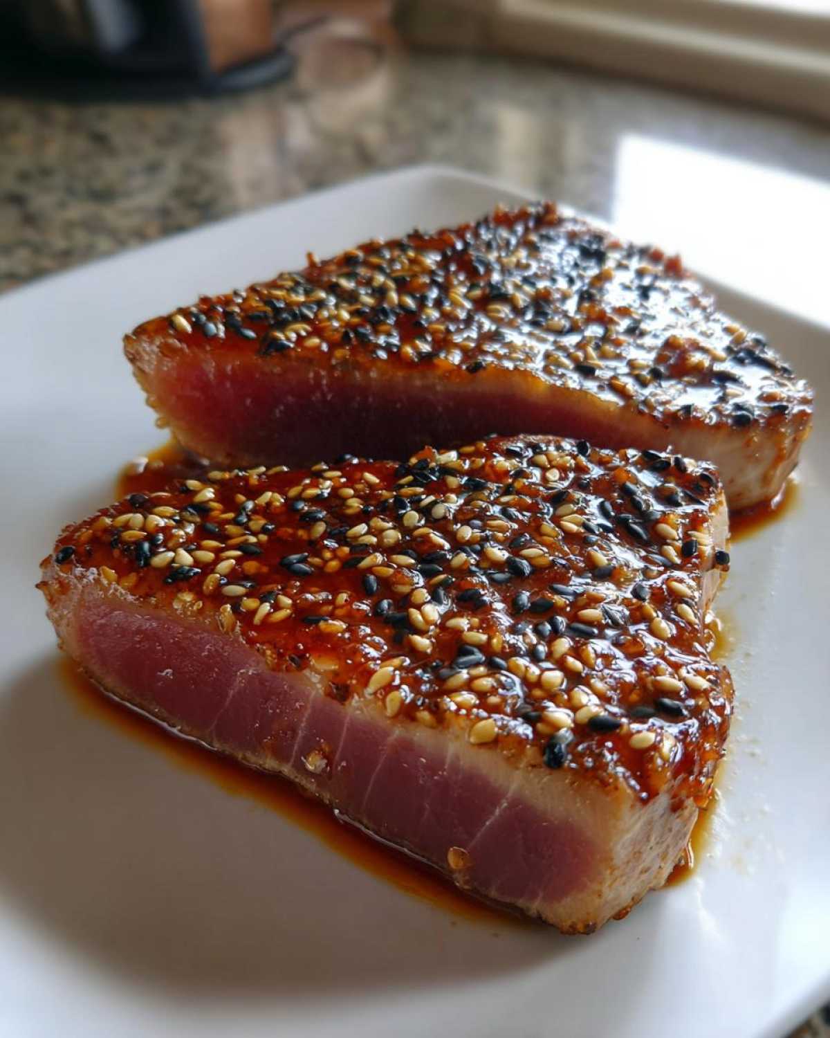 Two juicy tuna steaks in air fryer, glazed with sesame seeds and sauce, served on a white plate.