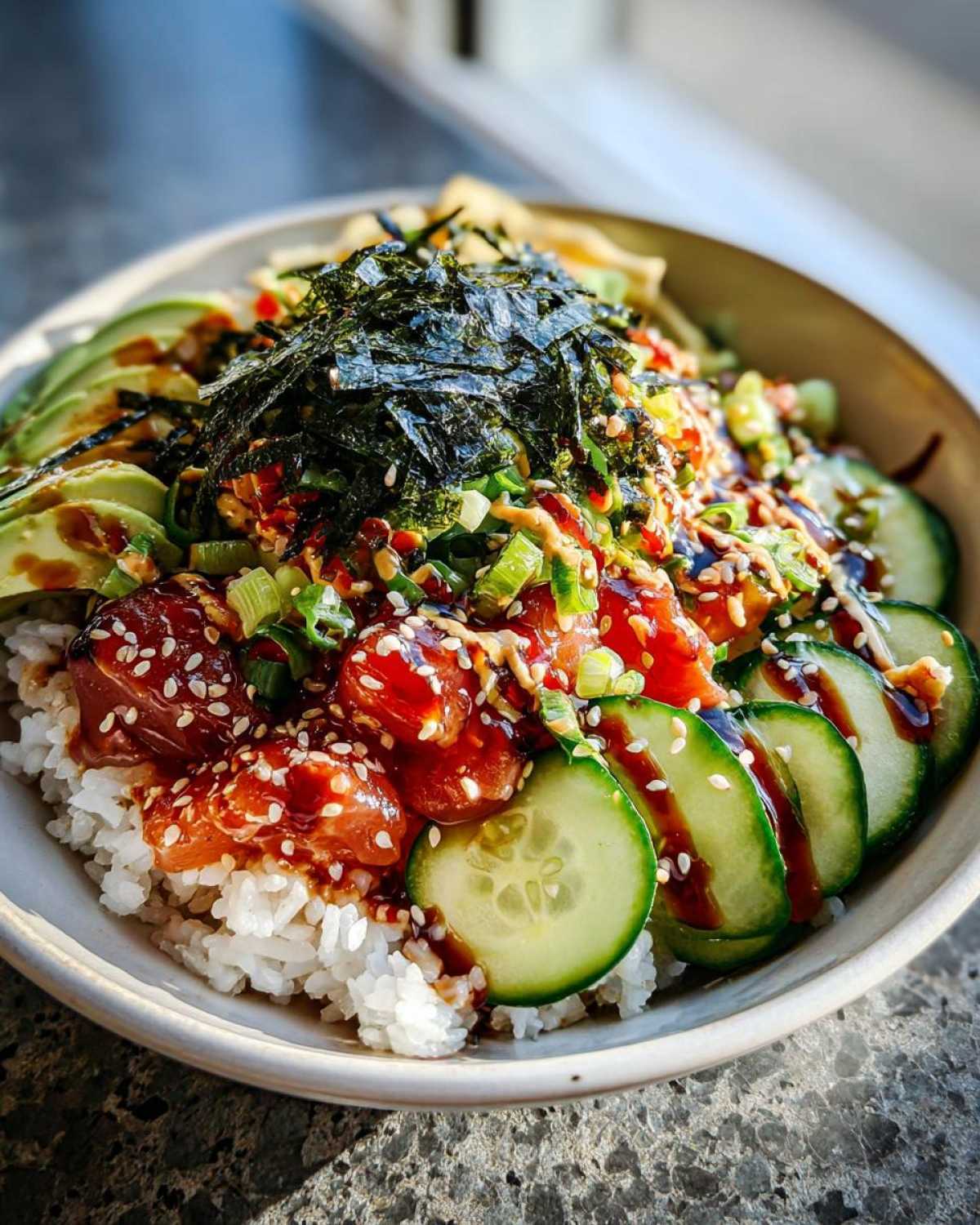 A vibrant tuna sushi bowl featuring fresh tuna, avocado, cucumber, seaweed, and rice.
