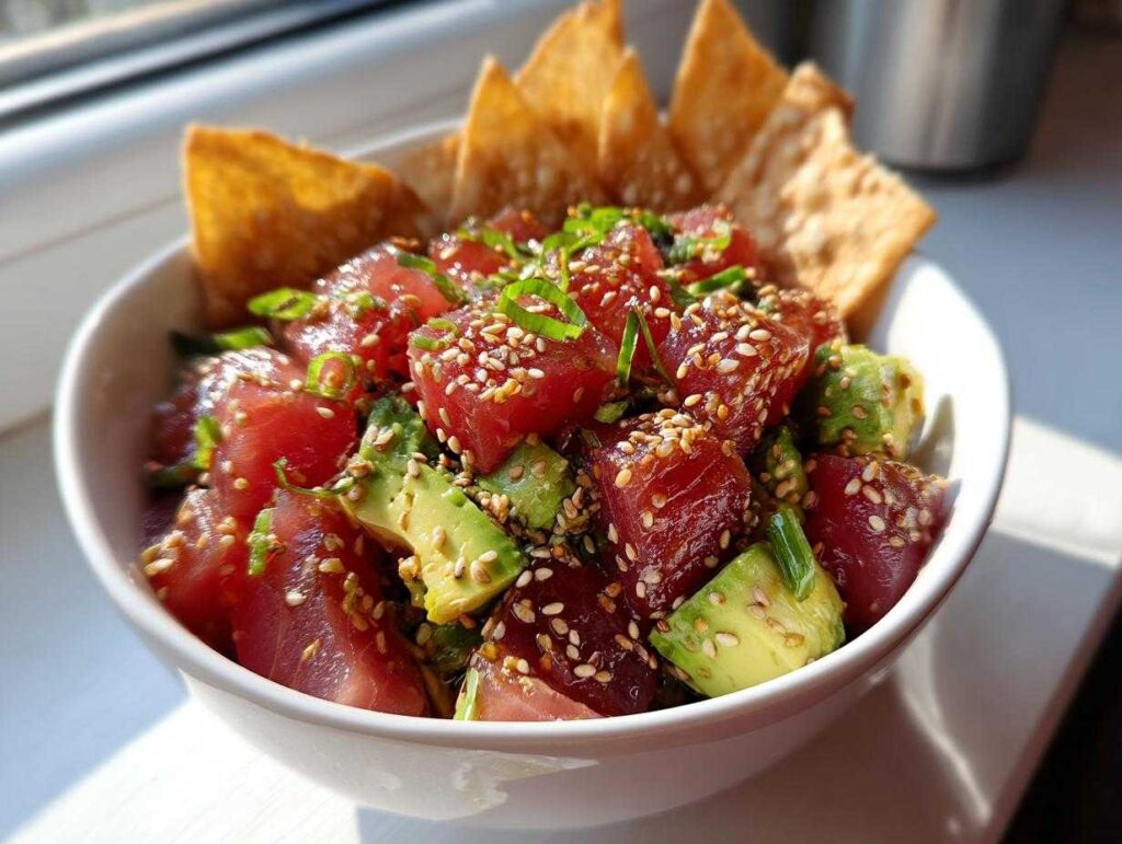 A bowl of fresh tuna tartare with avocado, sesame seeds, and chips. Ready to eat tuna tartare.