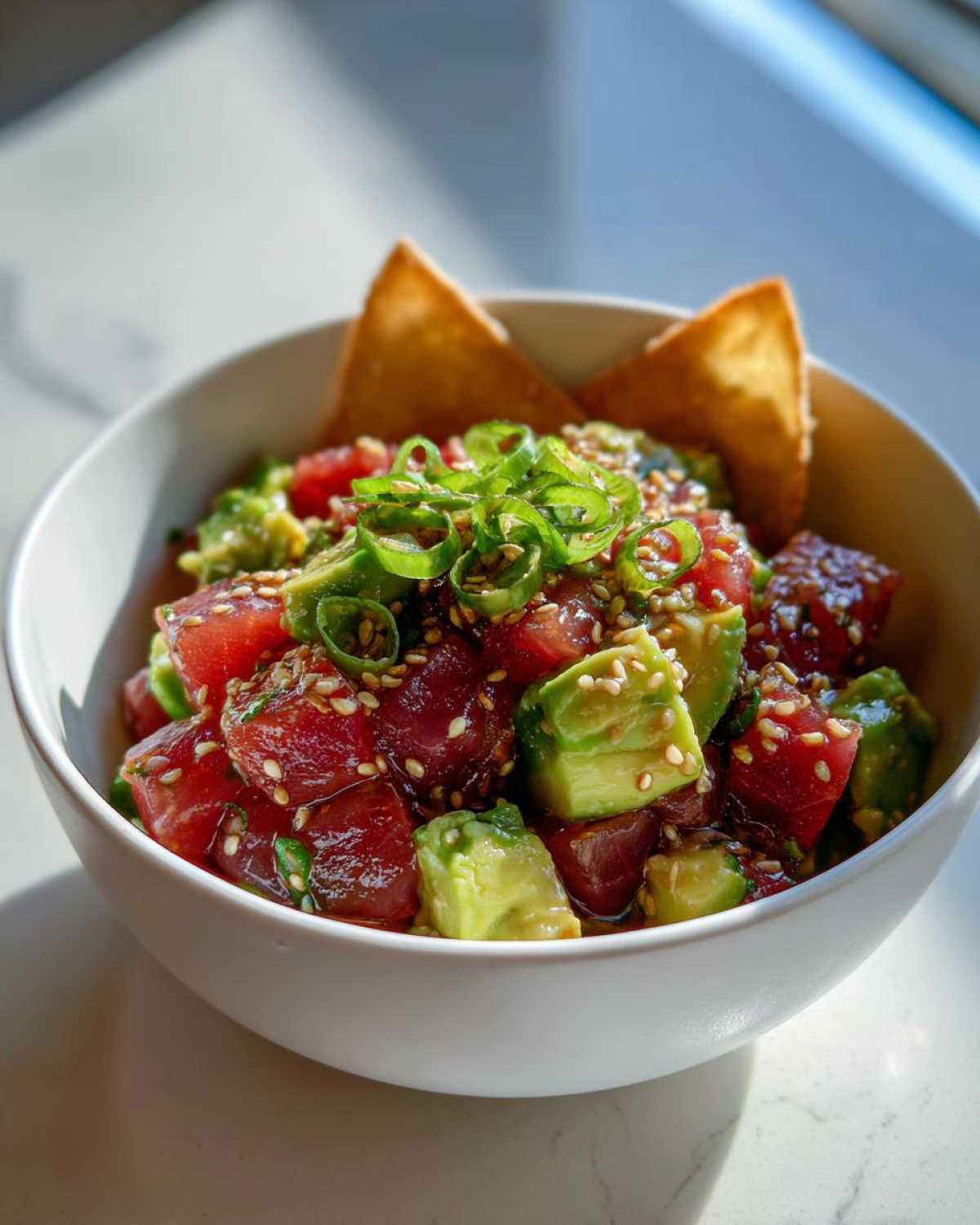 A bowl of fresh tuna tartare with avocado, sesame seeds, and green onions, served with crispy chips.