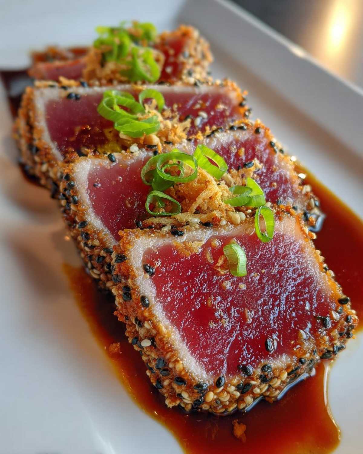 Close-up of perfectly seared tuna tataki slices, crusted with sesame seeds and garnished with scallions.