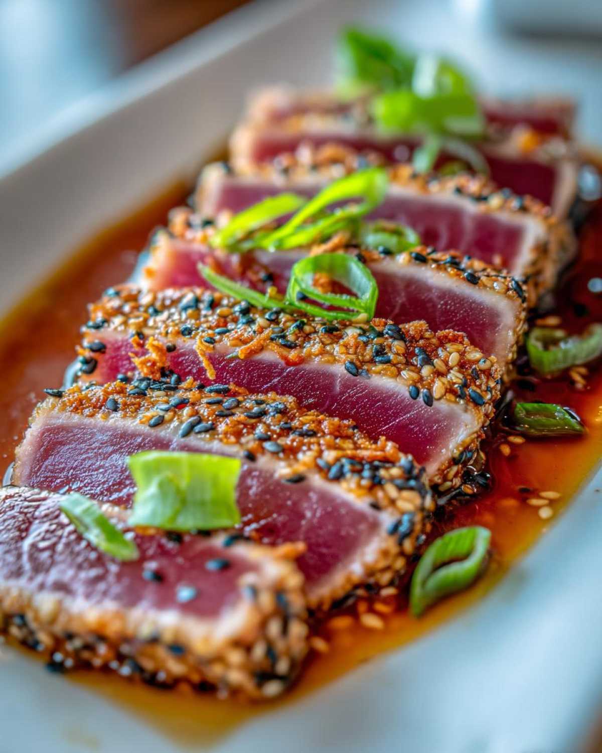 Close-up of sliced tuna tataki, crusted with sesame seeds and garnished with greens, served on a white plate.
