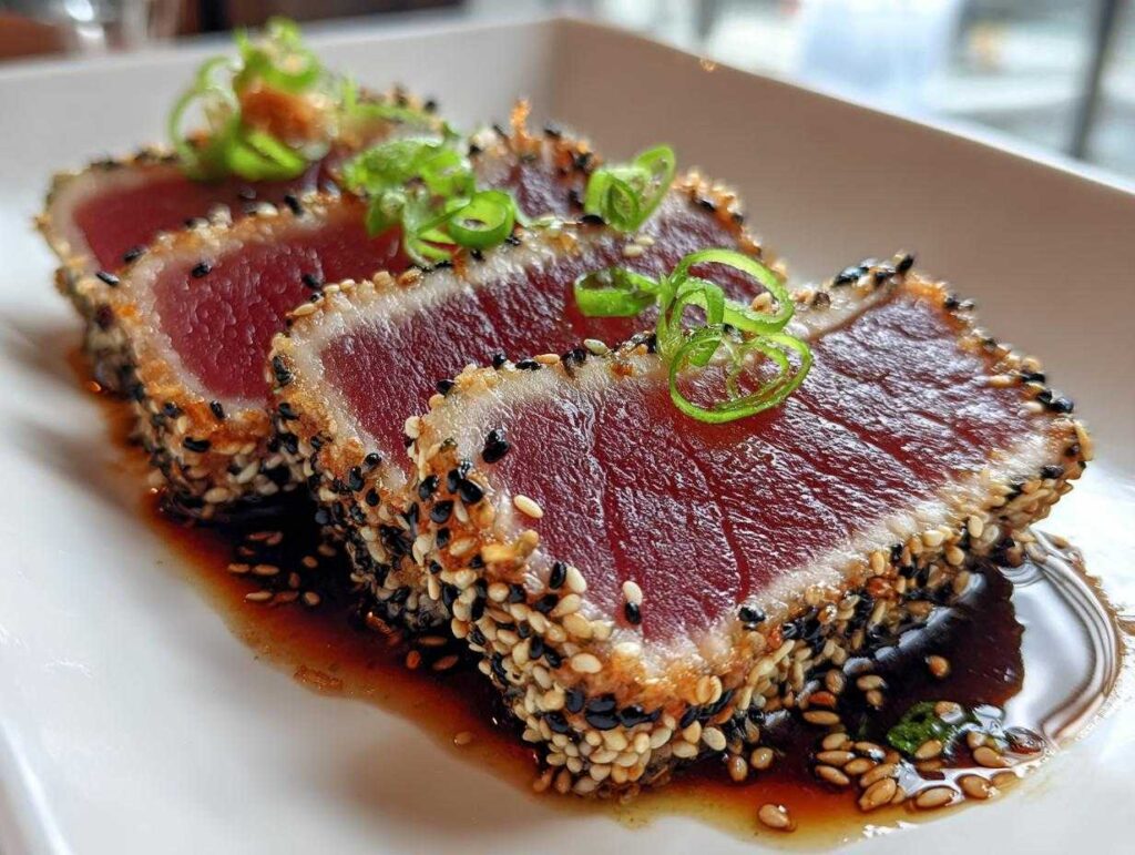 Close-up of sliced tuna tataki, crusted with sesame seeds and garnished with green onions.