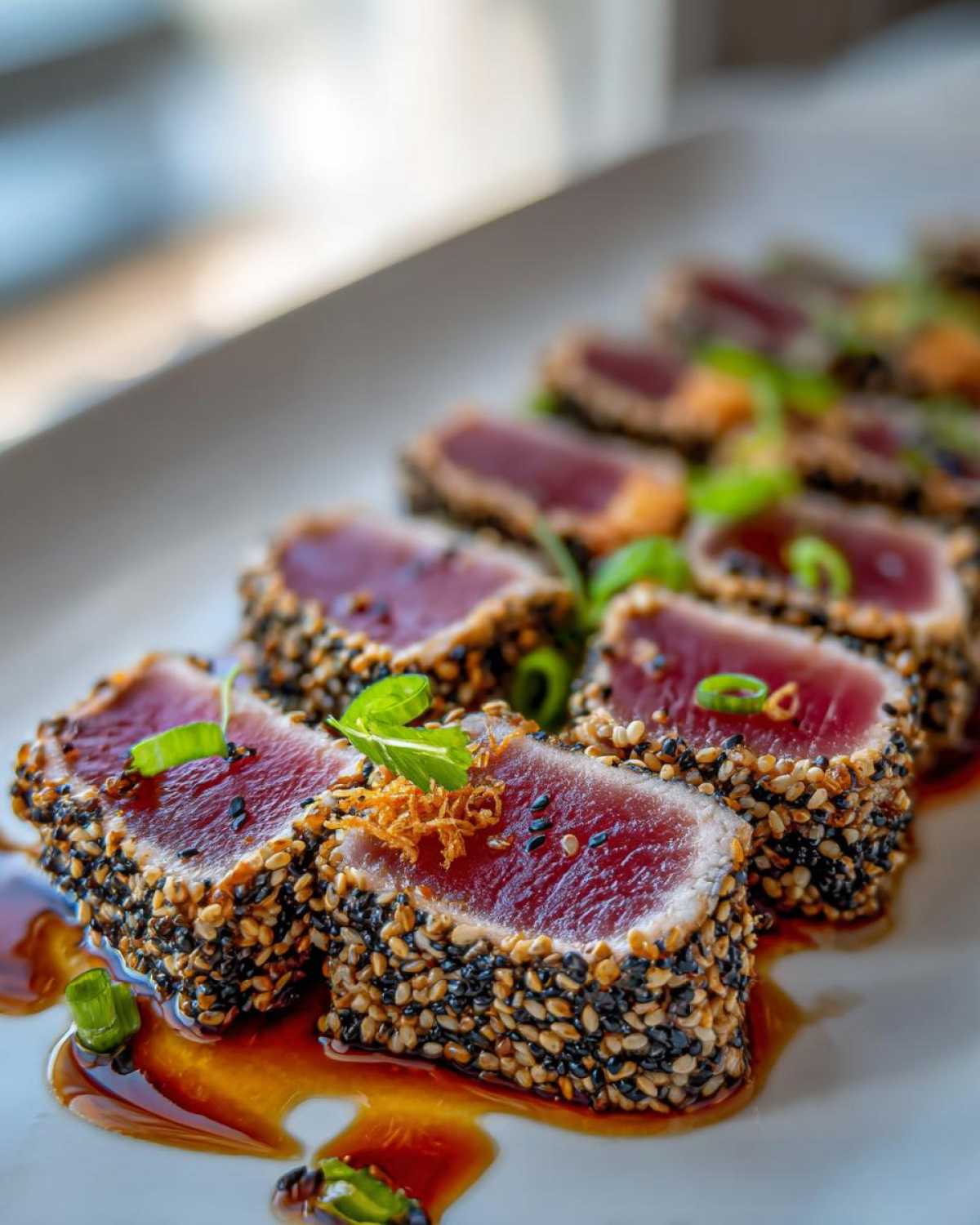 Close-up of sliced tuna tataki with a sesame seed crust, garnished with herbs and a flavorful sauce.