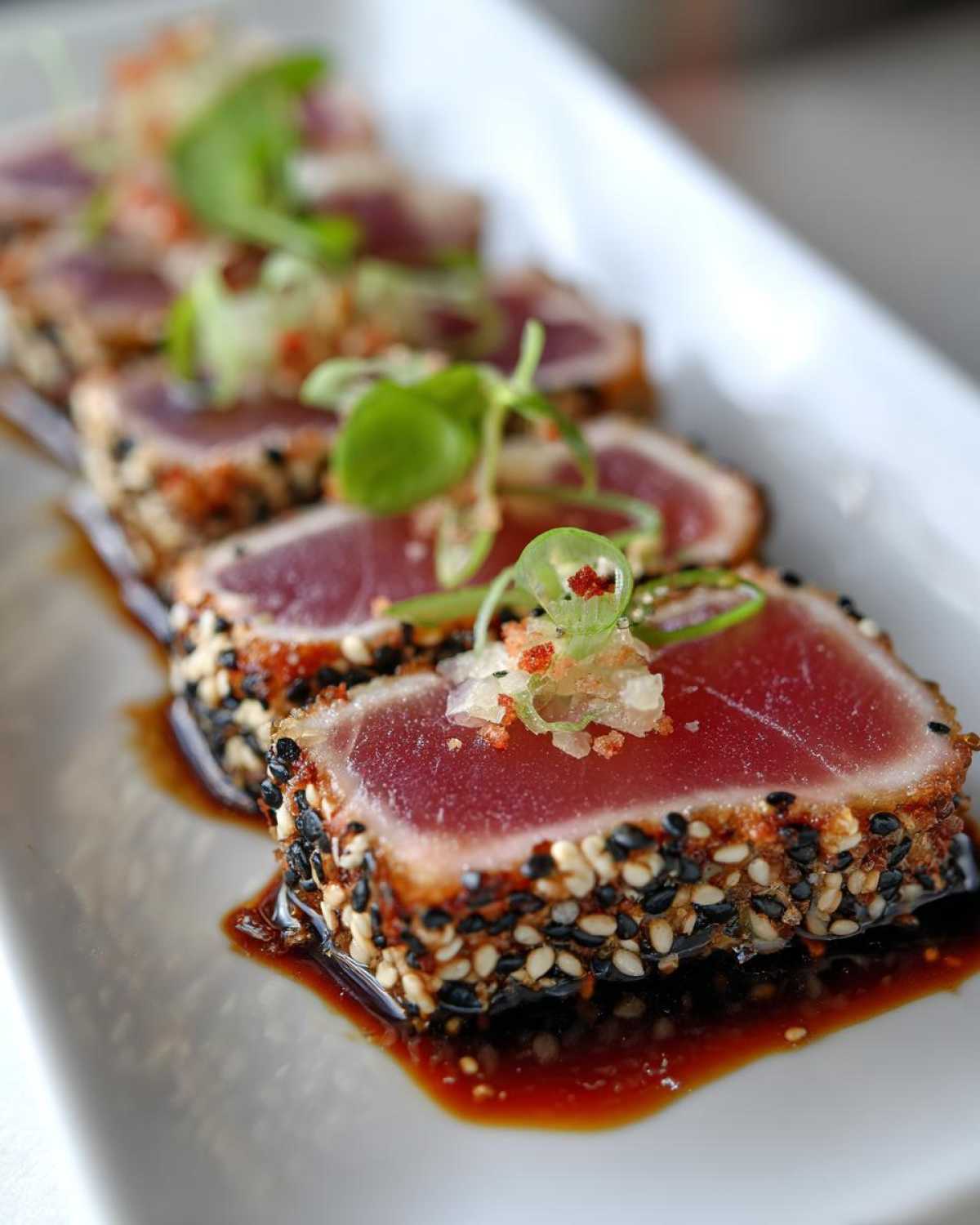 Close-up of sliced tuna tataki with sesame seed crust, garnished with greens and sauce.