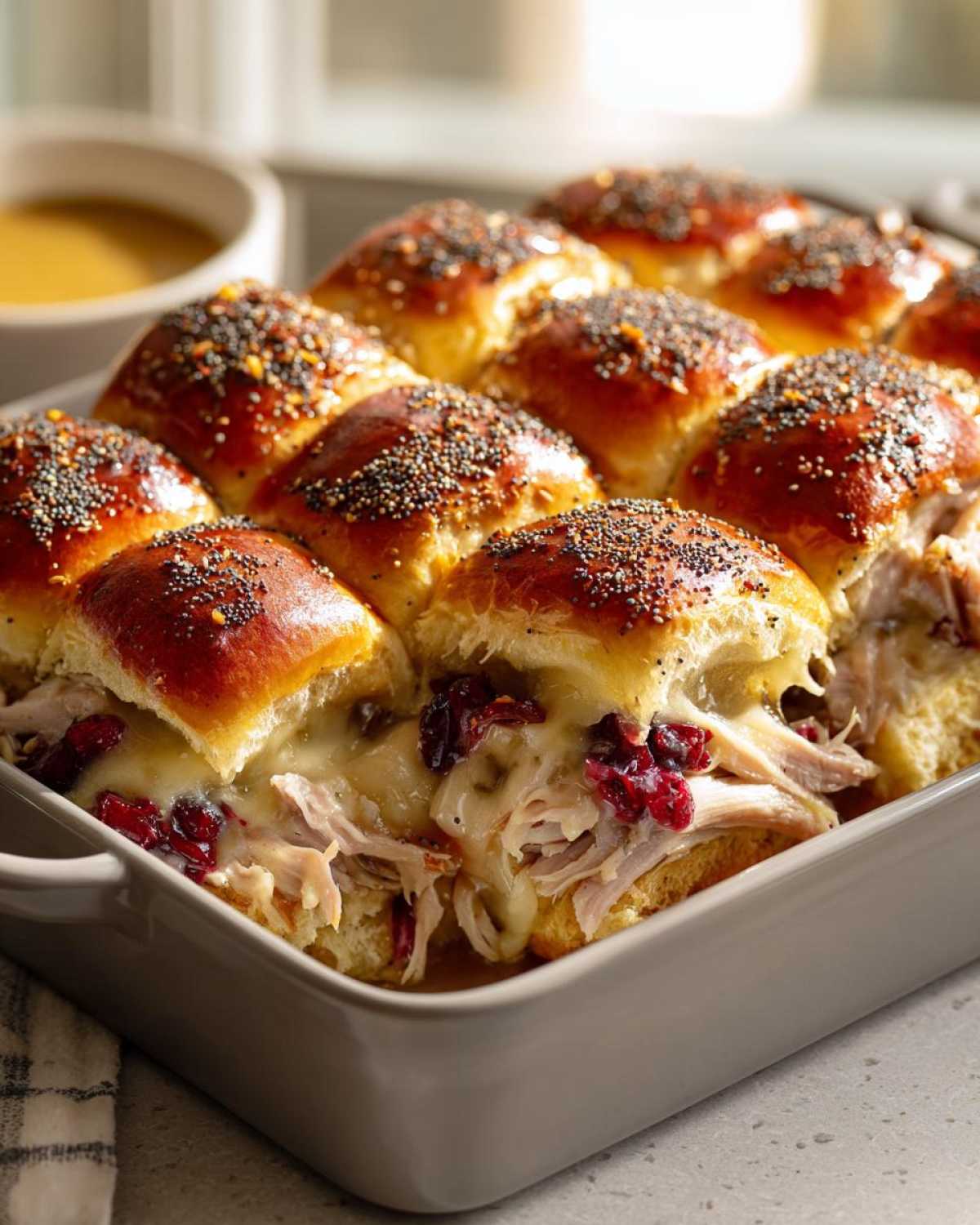A close-up of golden-brown turkey cranberry sliders topped with poppy seeds and cheese, served in a baking dish.