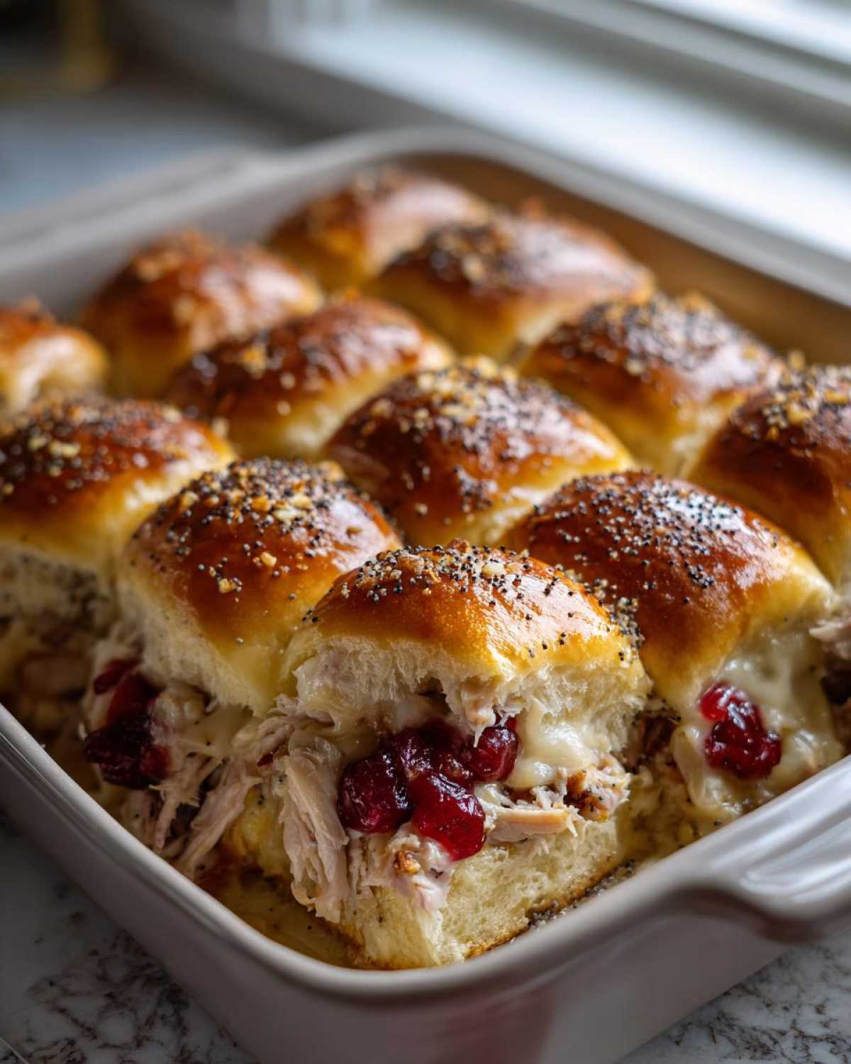 Close-up of a baking dish filled with golden-brown turkey cranberry sliders, topped with poppy seeds and melted cheese.