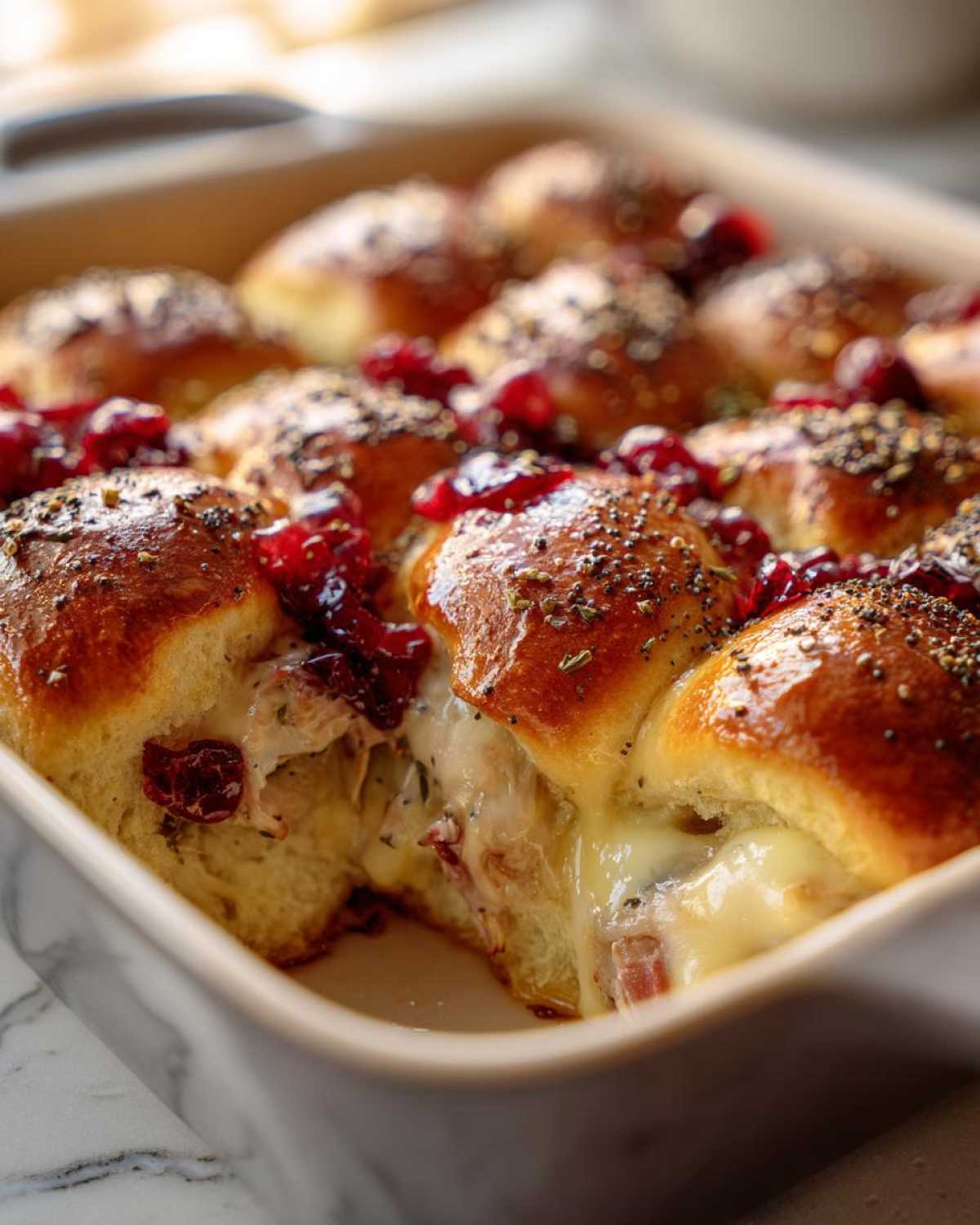 Close-up of baked turkey cranberry sliders in a dish, with melted cheese oozing out.