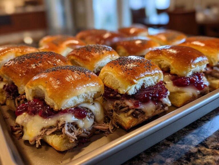 Close-up of freshly baked turkey cranberry sliders with melted cheese and poppy seeds on top.