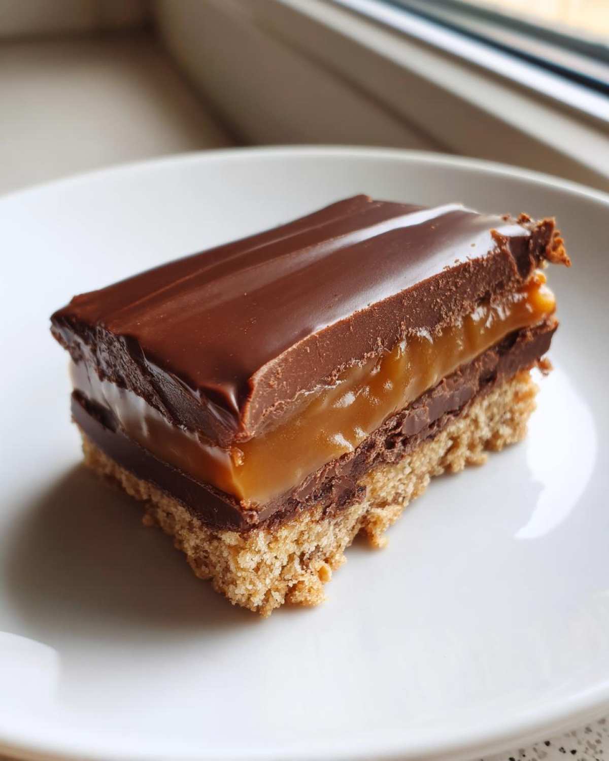 A close-up of a decadent Twix cookie bar with three distinct layers: shortbread base, chocolate ganache, and gooey caramel topped with chocolate.