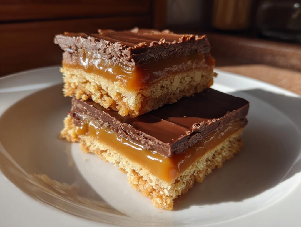 Two delicious Twix cookies stacked on a white plate, showcasing their chocolate, caramel, and shortbread layers.