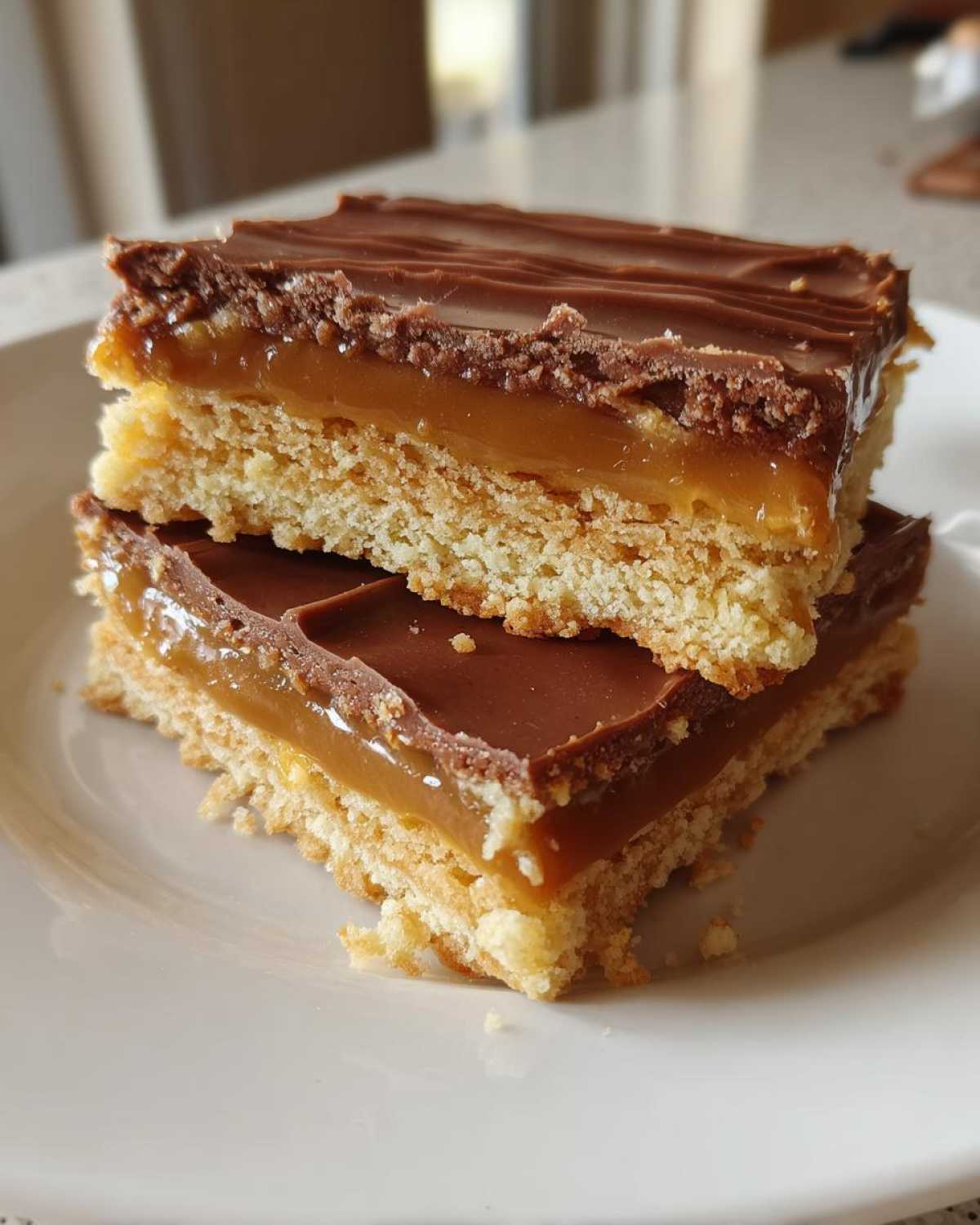 Close-up of two stacked Twix cookies, showcasing the shortbread base, caramel layer, and chocolate topping.