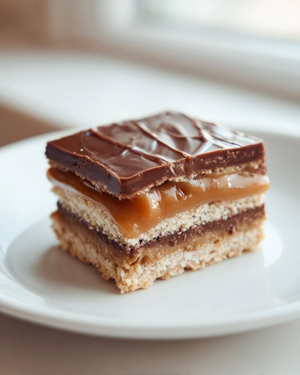A close-up of a delicious three-layer Twix cookie with chocolate, caramel, and cookie base.