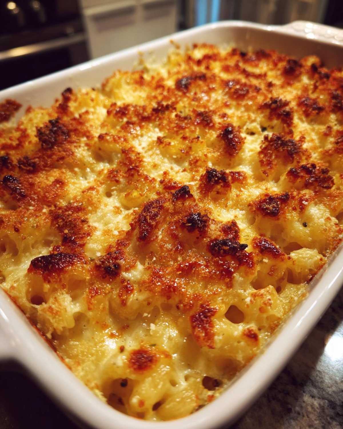 Close-up of a white baking dish filled with ultra-creamy baked mac and cheese, topped with golden-brown breadcrumbs.