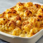 Close-up of a baking dish filled with ultra-creamy mac and cheese, topped with golden-brown breadcrumbs.