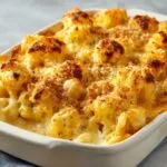 Close-up of a baking dish filled with ultra-creamy mac and cheese, topped with golden-brown breadcrumbs.