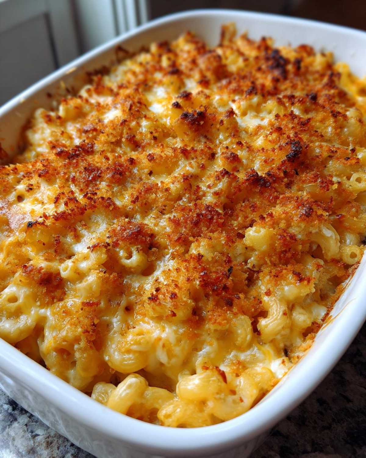 Close-up of ultra-creamy mac and cheese in a white baking dish, with a golden-brown breadcrumb topping.