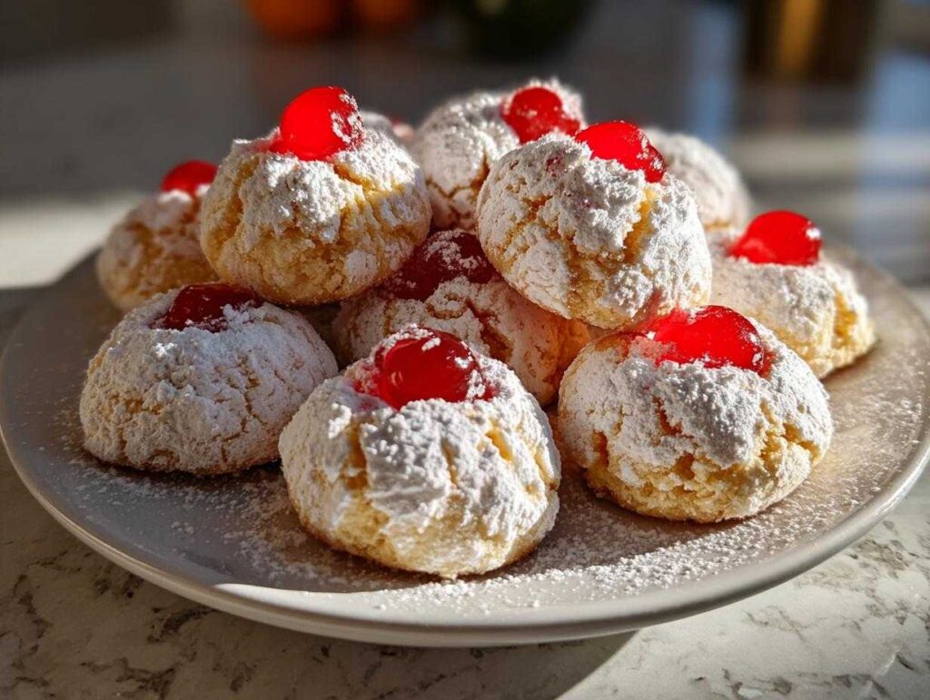 A plate of fluffy whipped shortbread cookies dusted with powdered sugar and topped with bright red cherries.