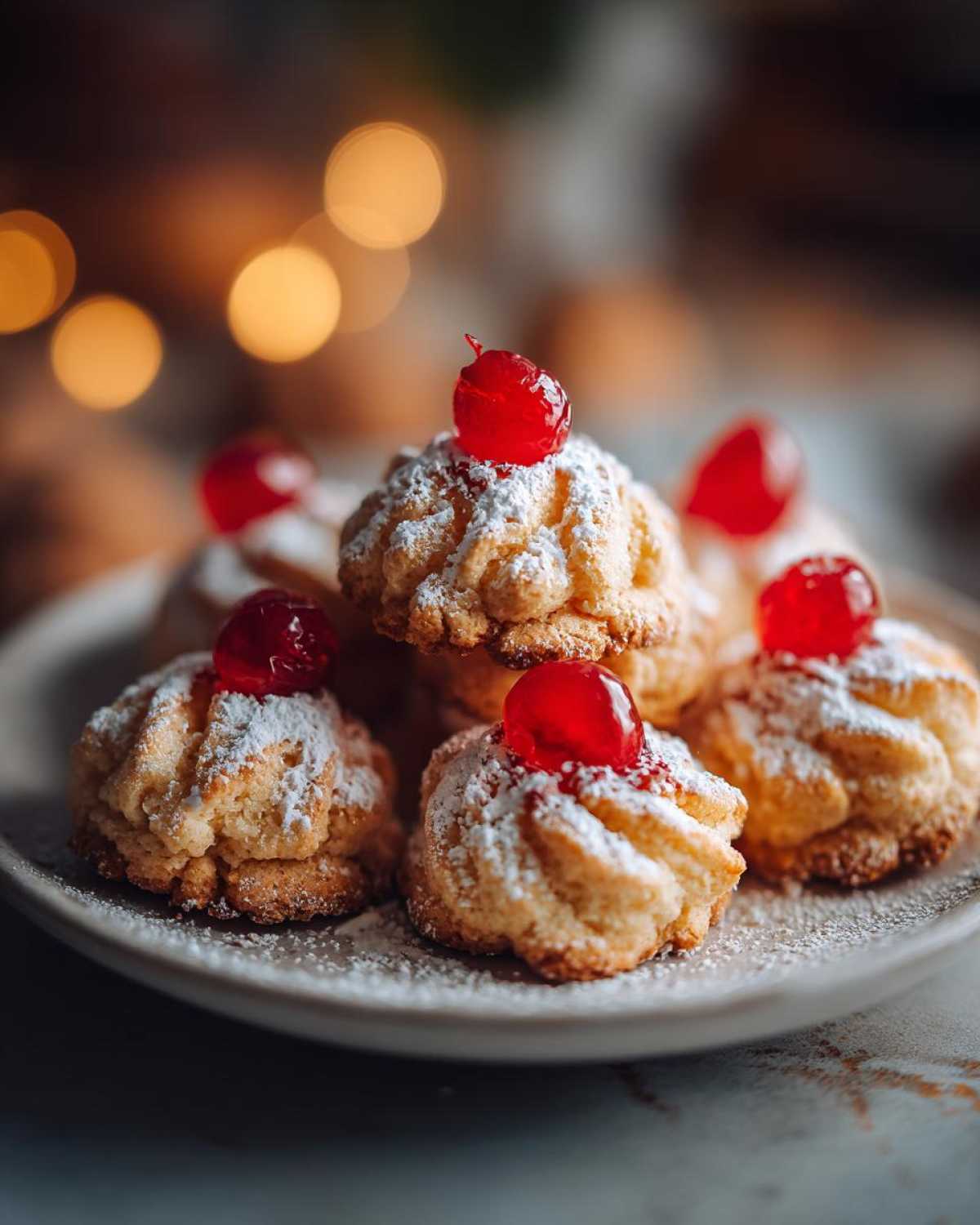 Close-up of delicate whipped shortbread cookies dusted with powdered sugar and topped with bright red cherries.