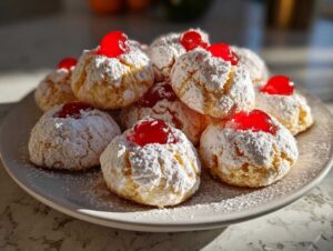 A plate of fluffy whipped shortbread cookies dusted with powdered sugar and topped with bright red cherries.