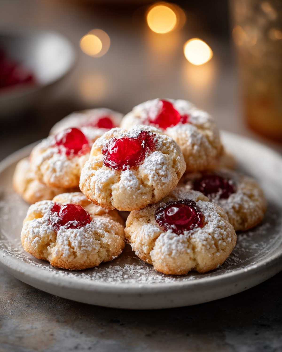 Close-up of a pile of whipped shortbread cookies dusted with powdered sugar and topped with a bright red cherry.