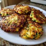 A plate of golden brown zucchini fritters air fryer recipe, ready to eat.