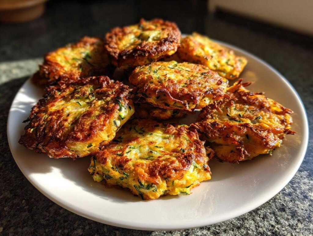 A plate of golden brown zucchini fritters air fryer recipe, ready to eat.