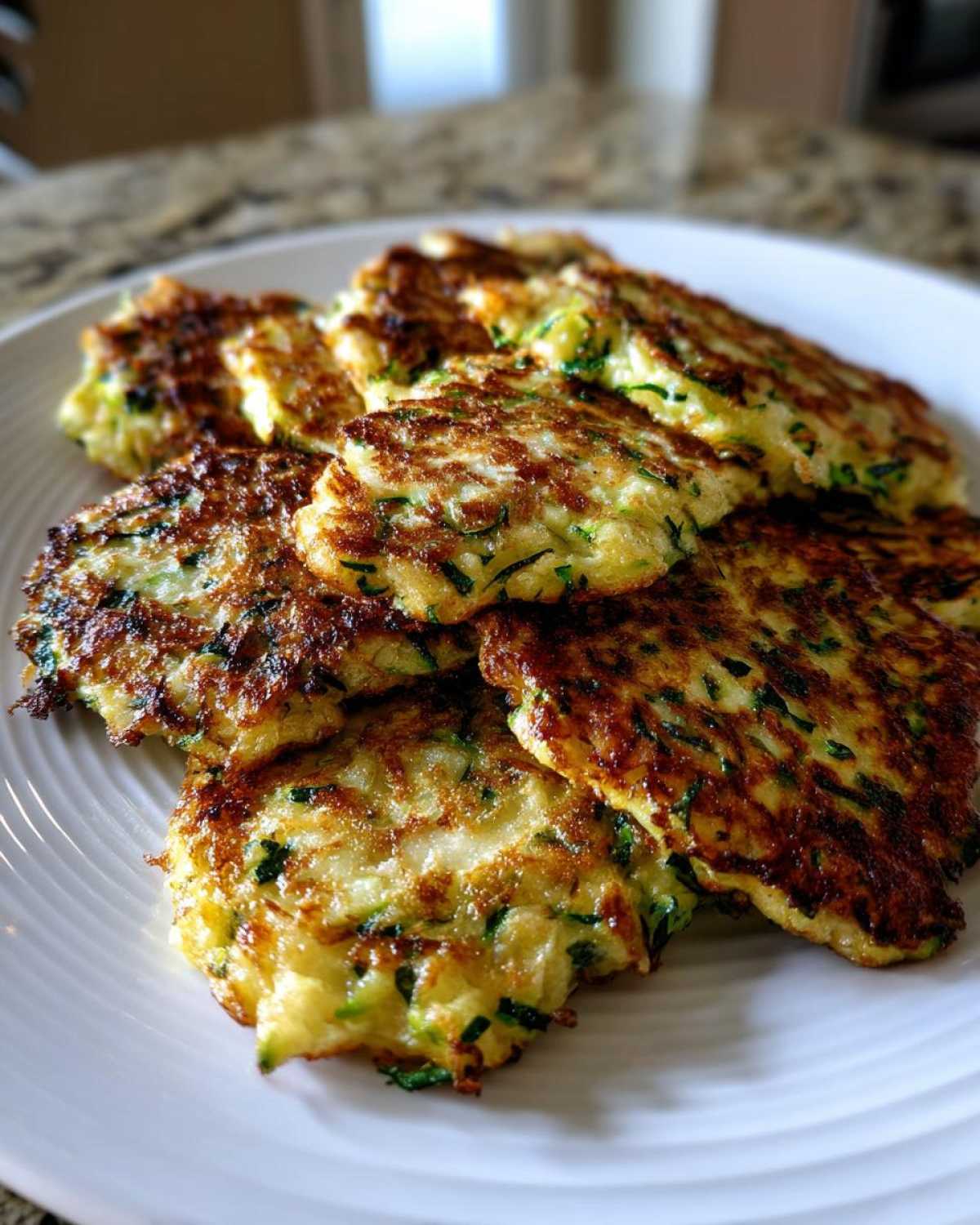 A plate of golden-brown zucchini fritters air fryer, showcasing their crispy texture and fresh ingredients.