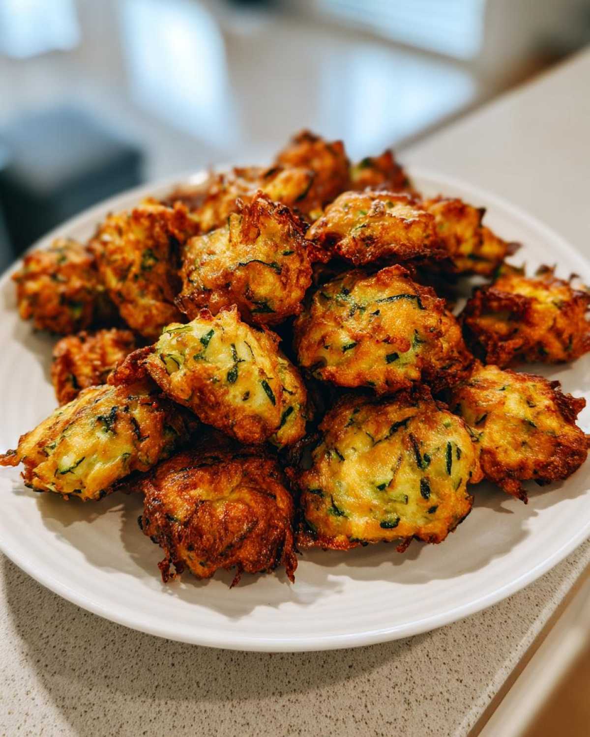 A plate piled high with golden-brown zucchini fritters air fryer, showcasing their crispy texture and fresh zucchini.