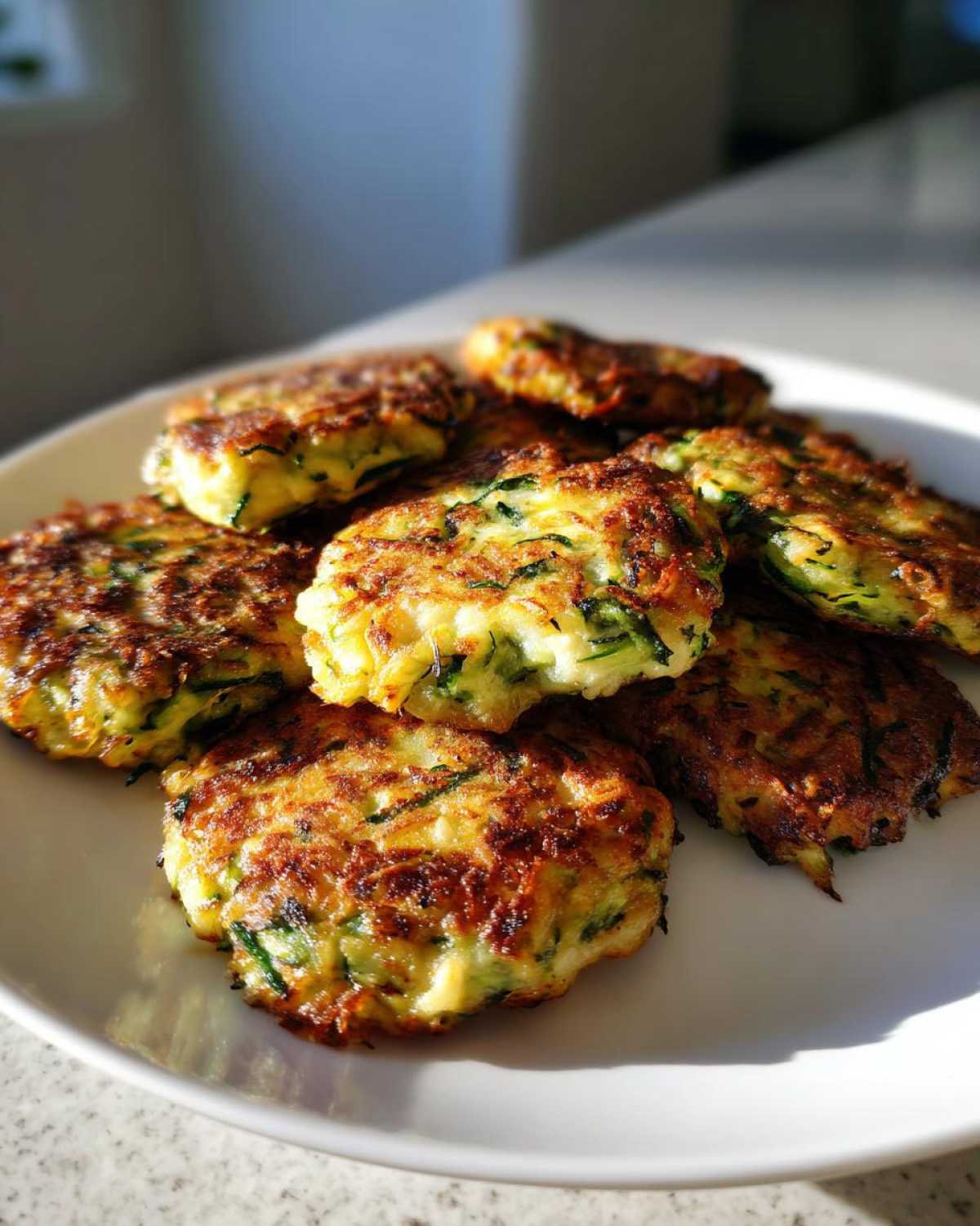 A plate of golden brown zucchini fritters air fryer, showcasing their crispy texture and fresh zucchini.