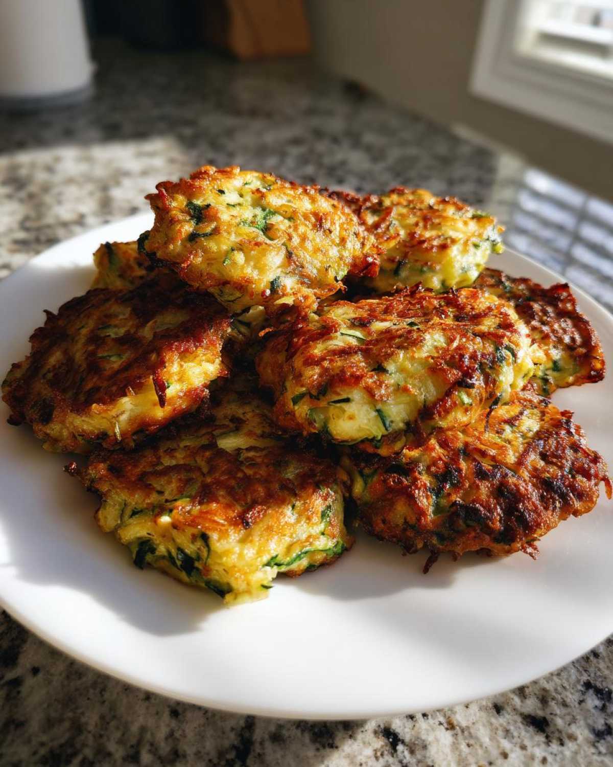 A plate of golden brown zucchini fritters air fryer, stacked and ready to eat.