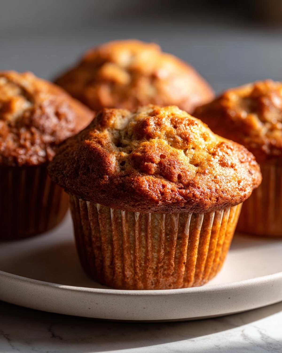 Close-up of a golden-brown 3-ingredient banana muffin on a plate, with other muffins blurred in the background.
