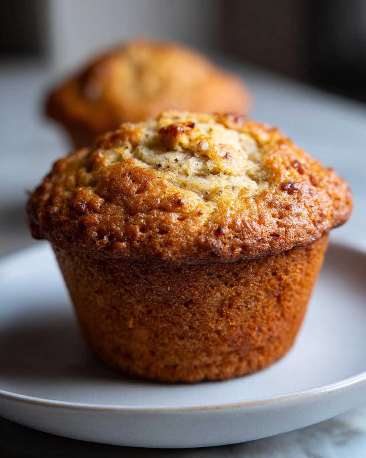 Close-up of a perfectly baked, moist banana muffin on a white plate, with another muffin blurred in the background.