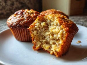 Close-up of a moist 3-ingredient banana muffin with a bite taken out, showing its fluffy interior.