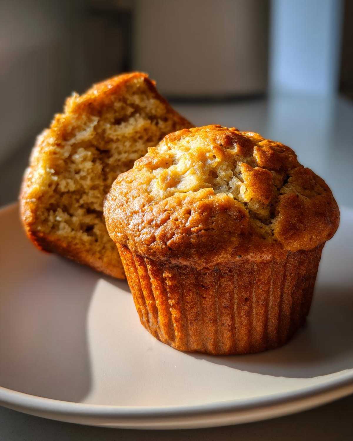 Close-up of two moist banana muffins on a plate, one whole and one broken in half to show the texture.