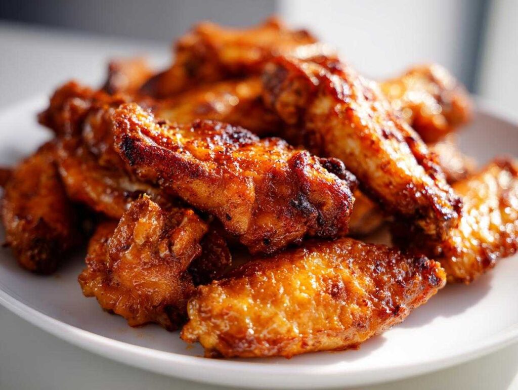 A close-up of a pile of golden-brown, crispy air fryer chicken wings on a white plate.