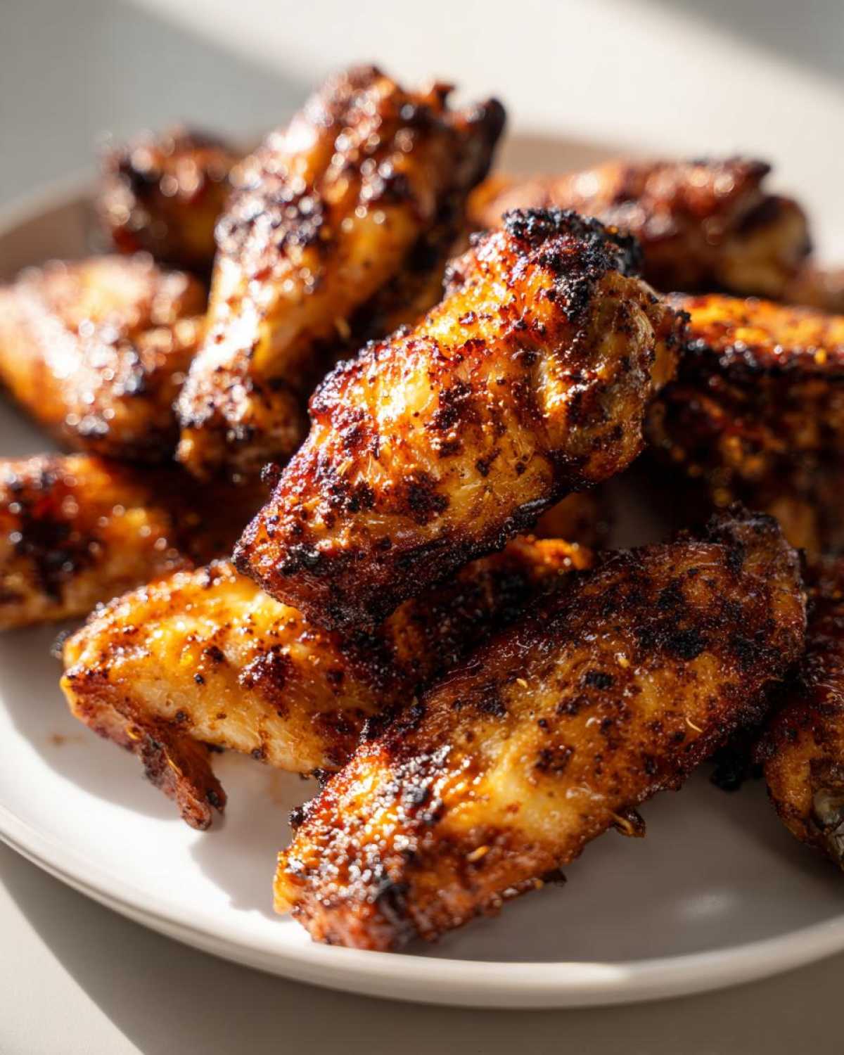 A plate of perfectly cooked, crispy air fryer chicken wings with a seasoned, browned exterior.