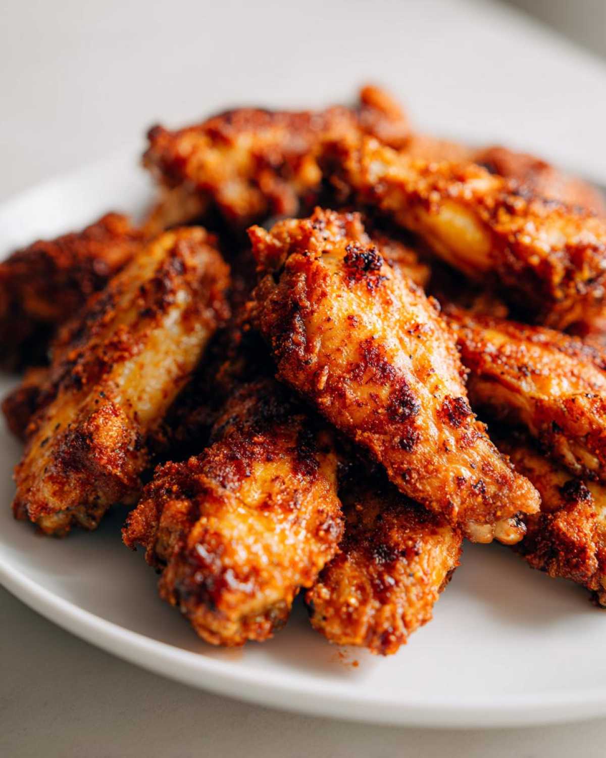 A pile of crispy, seasoned air fryer chicken wings on a white plate.