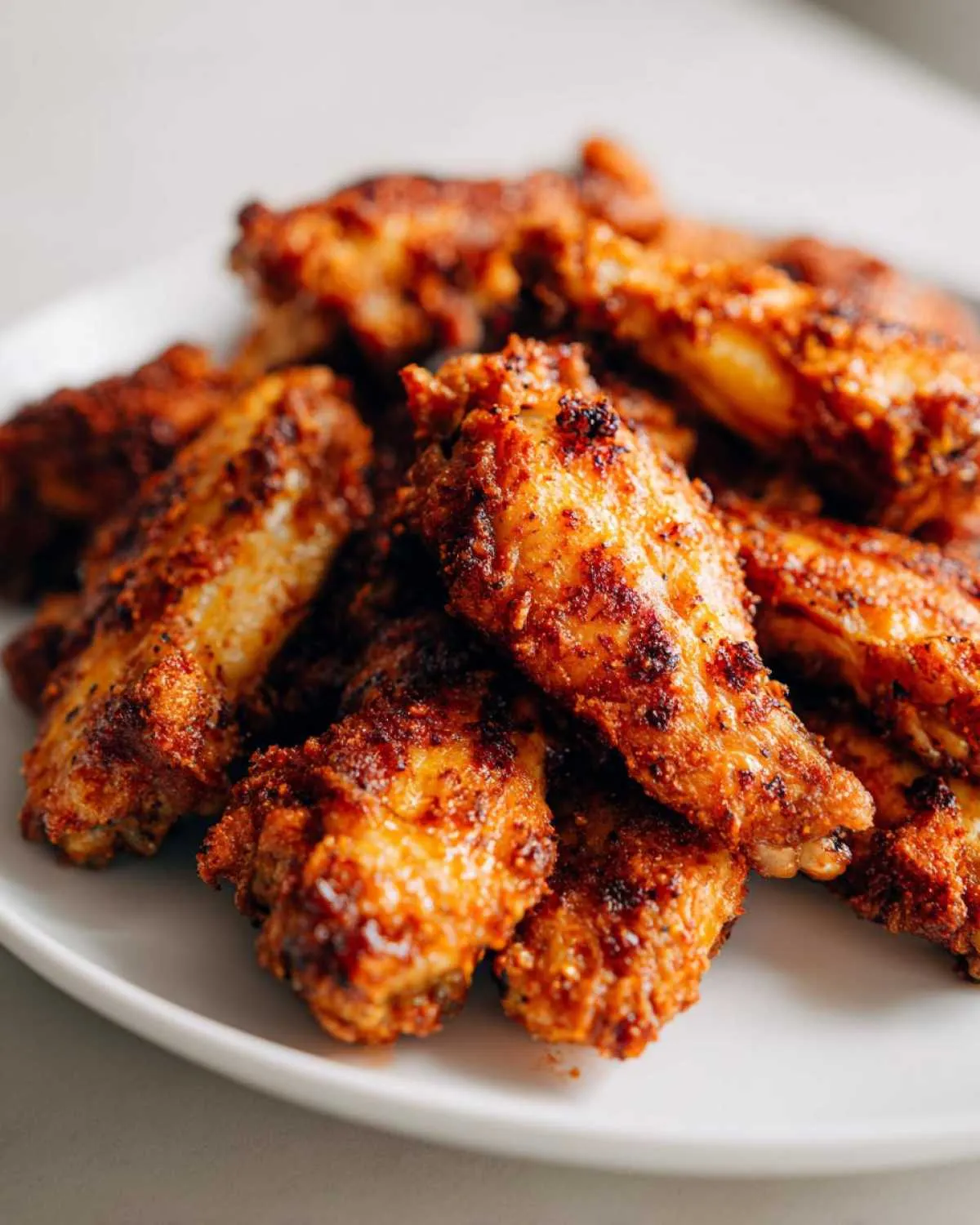 A pile of crispy, seasoned air fryer chicken wings on a white plate.