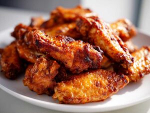 A close-up of a pile of golden-brown, crispy air fryer chicken wings on a white plate.