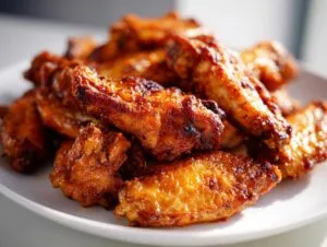 A close-up of a pile of golden-brown, crispy air fryer chicken wings on a white plate.
