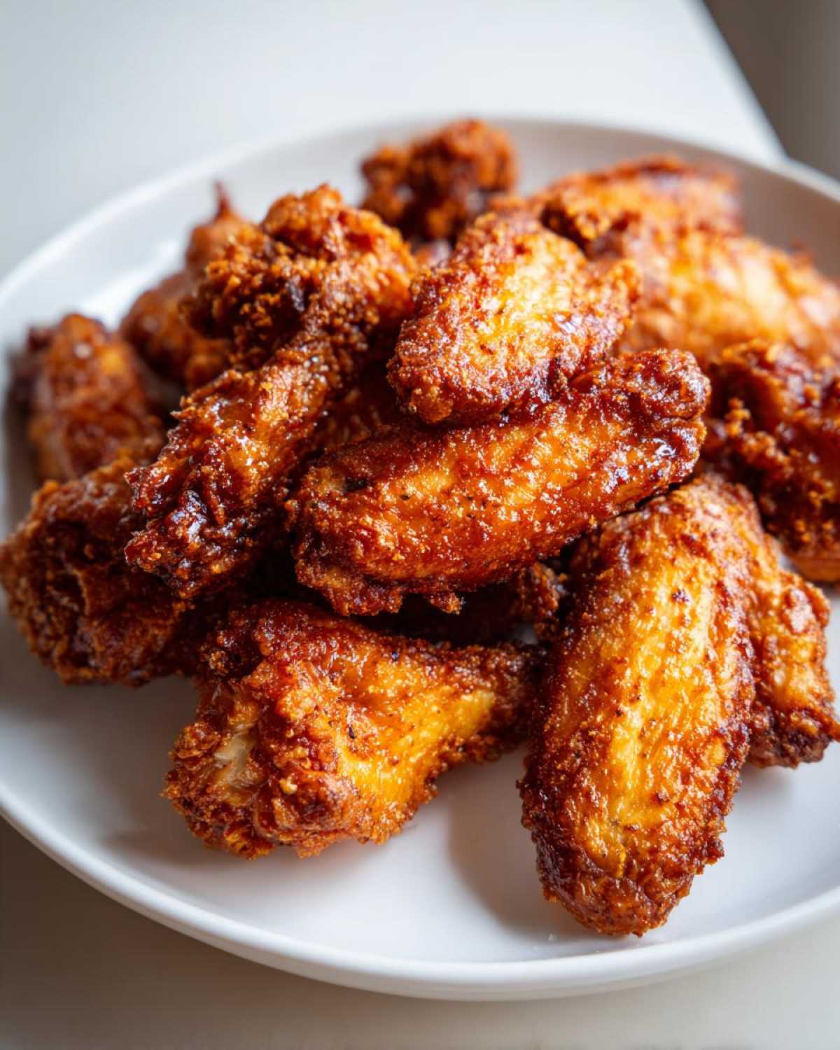 A pile of golden brown, crispy air fryer chicken wings on a white plate.