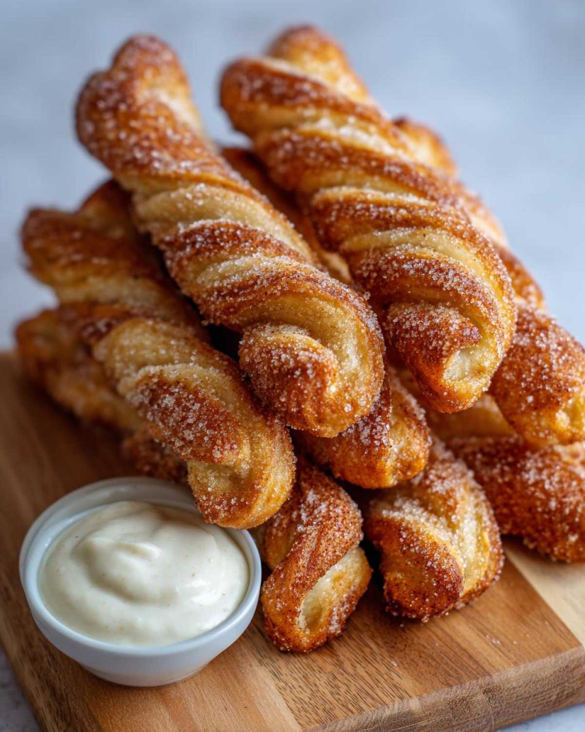 A pile of golden-brown air fryer cinnamon twists coated in sugar and cinnamon, served with a small bowl of creamy dip.